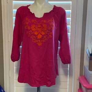 QVC Fuchsia Blouse with Orange Embroidery
